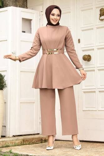 Drape Detaylı Kemerli Krep Takım TSD240248 Vizon 