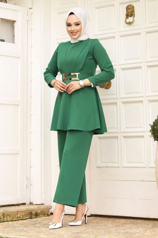 Drape Detaylı Kemerli Krep Takım TSD240248 Zümrüt Yeşili - 3