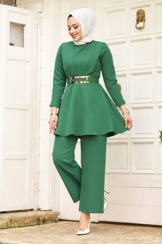 Drape Detaylı Kemerli Krep Takım TSD240248 Zümrüt Yeşili - 4
