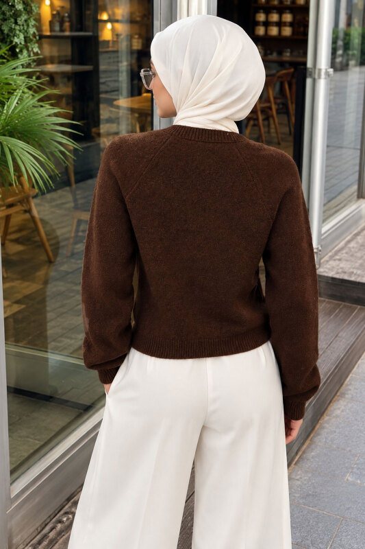 Düğmeli Bisiklet Yaka Triko Hırka TSD260350 Kahverengi - 5