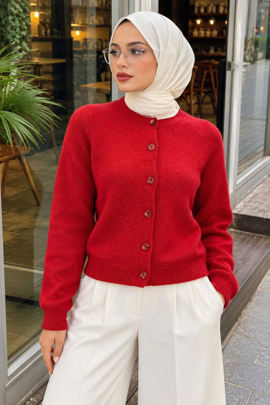 Düğmeli Bisiklet Yaka Triko Hırka TSD260350 Kırmızı - 3