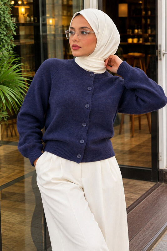 Düğmeli Bisiklet Yaka Triko Hırka TSD260350 Lacivert - 3