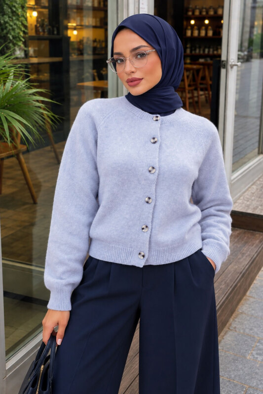 Düğmeli Bisiklet Yaka Triko Hırka TSD260350 Mavi - 4