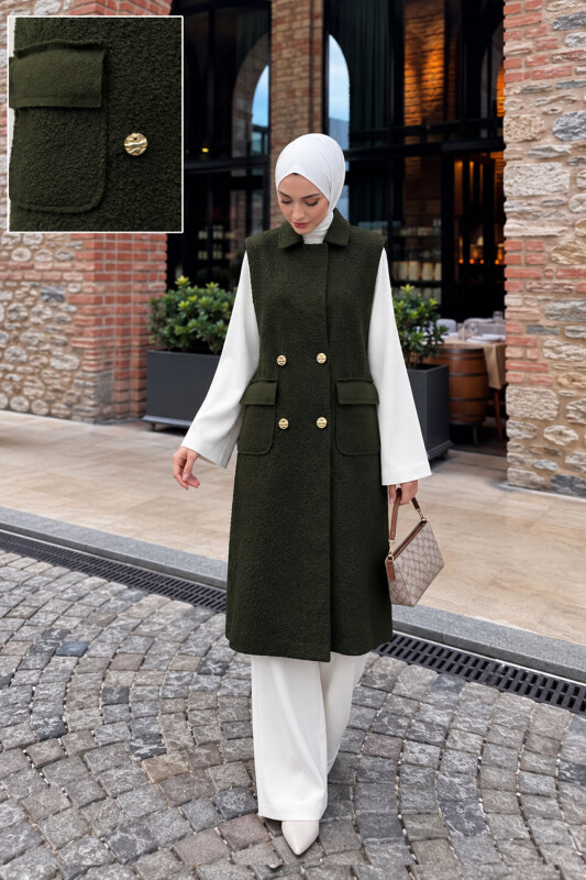 Düğmeli Buklet Yelek TSD260366 Haki - 4