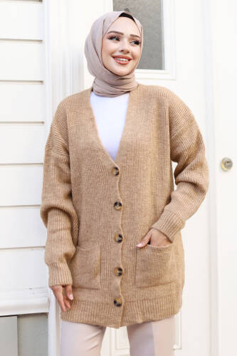 Düğmeli Cep Detaylı Triko Hırka TSD240802 Camel - Tesettür Dünyası (1)
