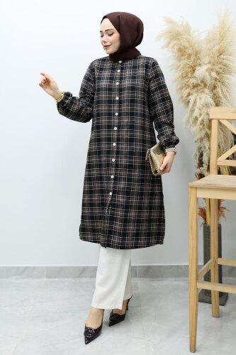 Düğmeli Ekose Takım TSD260154 Acı Kahve - TESETTÜR DÜNYASI (1)