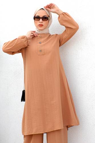 Düğmeli İkili Takım TSD221202 Taba - Tesettür Dünyası (1)
