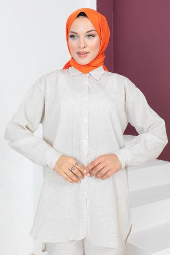 Düğmeli İkili Takım TSD230632 Ekru - Tesettür Dünyası (1)