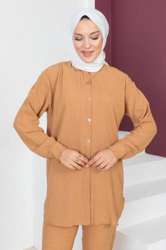 Düğmeli İkili Takım TSD230632 Taba - Tesettür Dünyası (1)