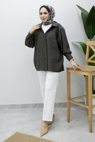 Düğmeli Oversize Gömlek TSD260246 Füme - 3
