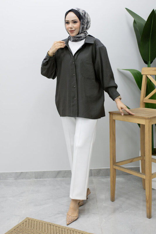 Düğmeli Oversize Gömlek TSD260246 Füme - 3