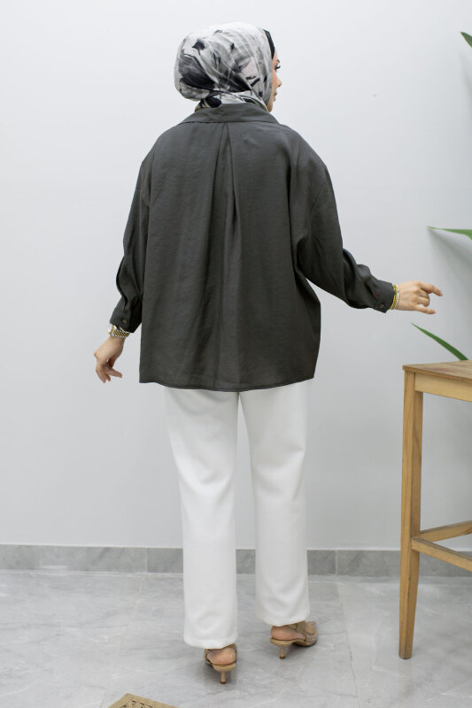 Düğmeli Oversize Gömlek TSD260246 Füme - 6
