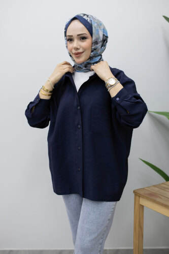 Düğmeli Oversize Gömlek TSD260246 Lacivert - 2