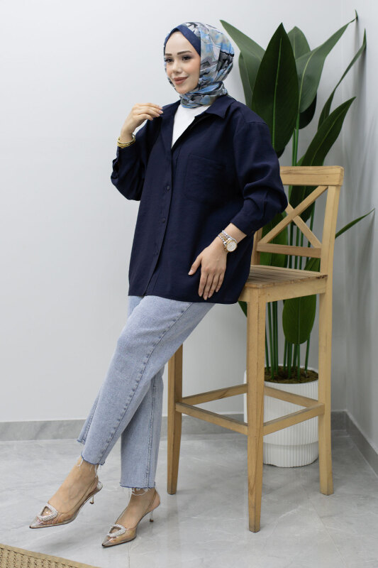 Düğmeli Oversize Gömlek TSD260246 Lacivert - 3