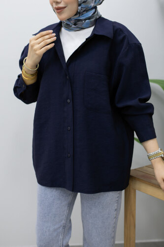 Düğmeli Oversize Gömlek TSD260246 Lacivert - 4