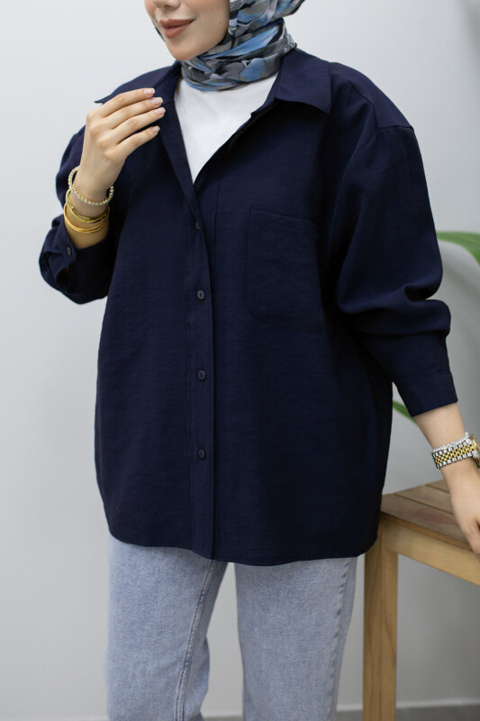Düğmeli Oversize Gömlek TSD260246 Lacivert - 4