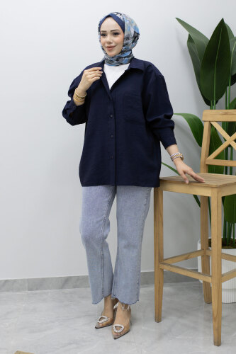 Düğmeli Oversize Gömlek TSD260246 Lacivert - 5