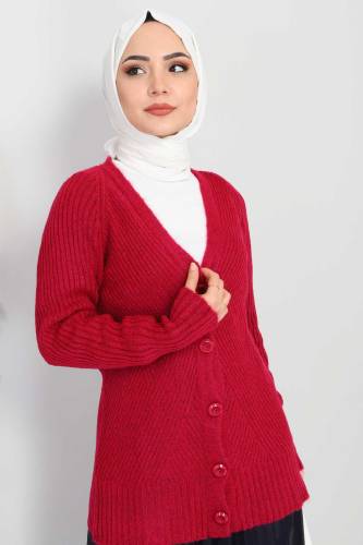 Düğmeli Triko Hırka TSD211208 Fuşya - Tesettür Dünyası (1)