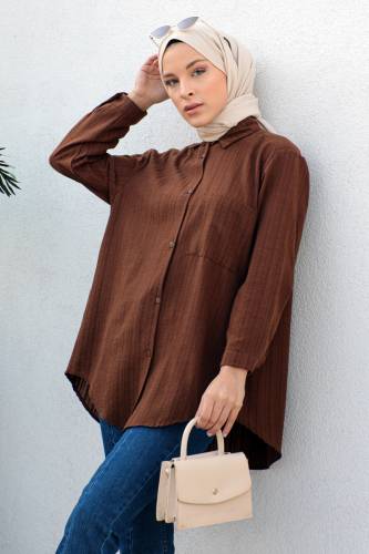 Düğmeli Tunik TSD230105 Kahverengi - Tesettür Dünyası (1)