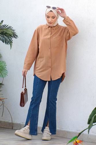 Düğmeli Tunik TSD230105 Taba - Tesettür Dünyası (1)