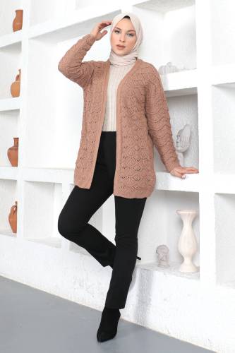 Düğmesiz Triko Hırka TSD230355 Camel - Tesettür Dünyası (1)