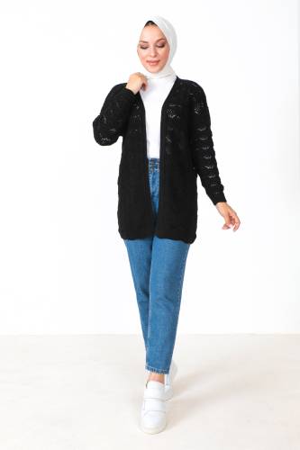 Düğmesiz Triko Hırka TSD230355 Siyah - Tesettür Dünyası (1)