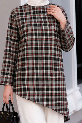 Ekose Asimetrik Kesim Tunik TSD260298 Gri - 4