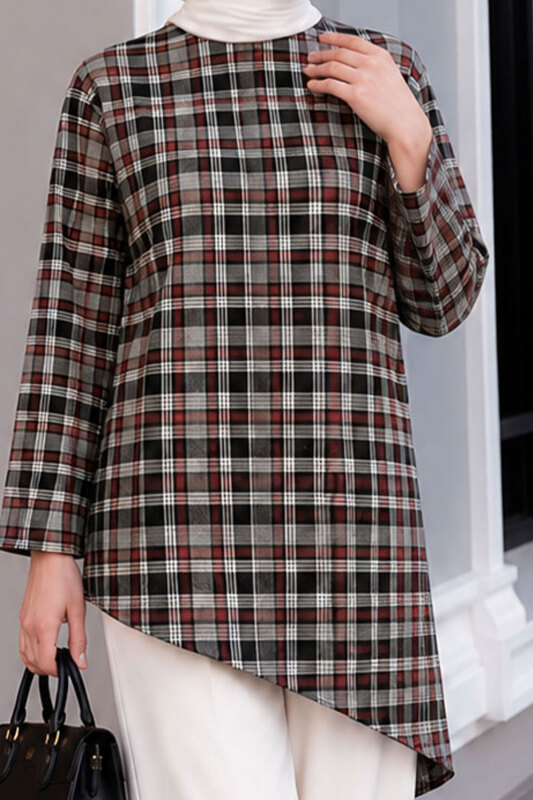 Ekose Asimetrik Kesim Tunik TSD260298 Gri - 4
