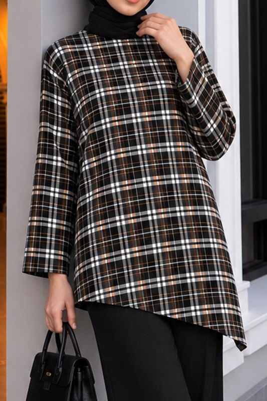 Ekose Asimetrik Kesim Tunik TSD260298 Siyah - 4