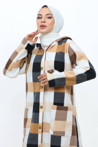 Ekose Desenli Cepli Polar Kap TSD231101 Camel - Tesettür Dünyası (1)