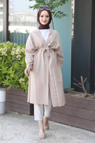Ekose Desenli Kimono TSD220541 Bej - 2