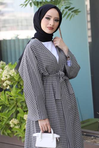 Ekose Desenli Kimono TSD220541 Gri - Tesettür Dünyası (1)