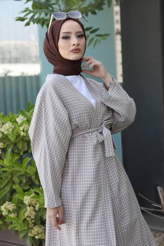 Ekose Desenli Kimono TSD220541 Krem - Tesettür Dünyası (1)