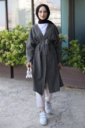Ekose Desenli Kimono TSD220541 Siyah - Tesettür Dünyası (1)