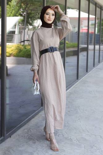 Ekose Elbise TSD220542 Bej 