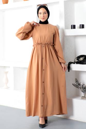 Eteği Düğme Detaylı Elbise TSD221206 Taba 