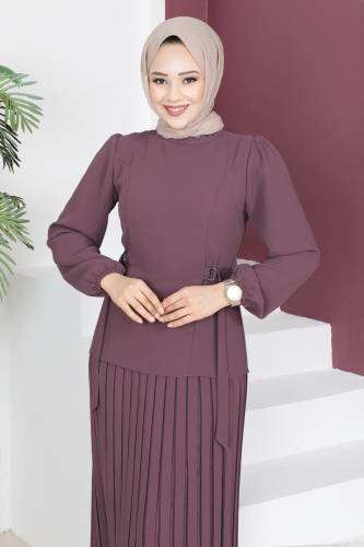 Eteği Pileli Takım TSD230521 Gül Kurusu - Tesettür Dünyası (1)