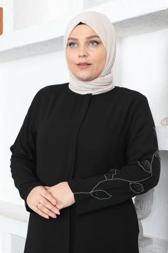 Eteği Pul İşlemeli Tesettür Ferace TSD230343 Siyah - Tesettür Dünyası (1)