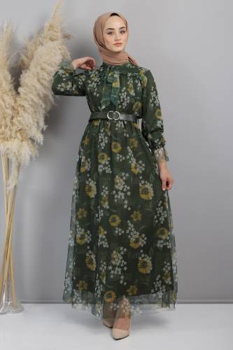 Papatya Desenli Tül Elbise TSD220802 Yeşil 