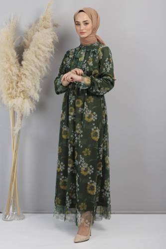 Papatya Desenli Tül Elbise TSD220802 Yeşil - 3