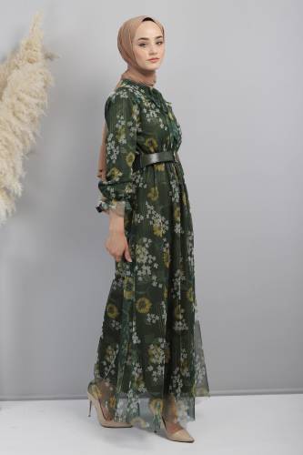Papatya Desenli Tül Elbise TSD220802 Yeşil - 4