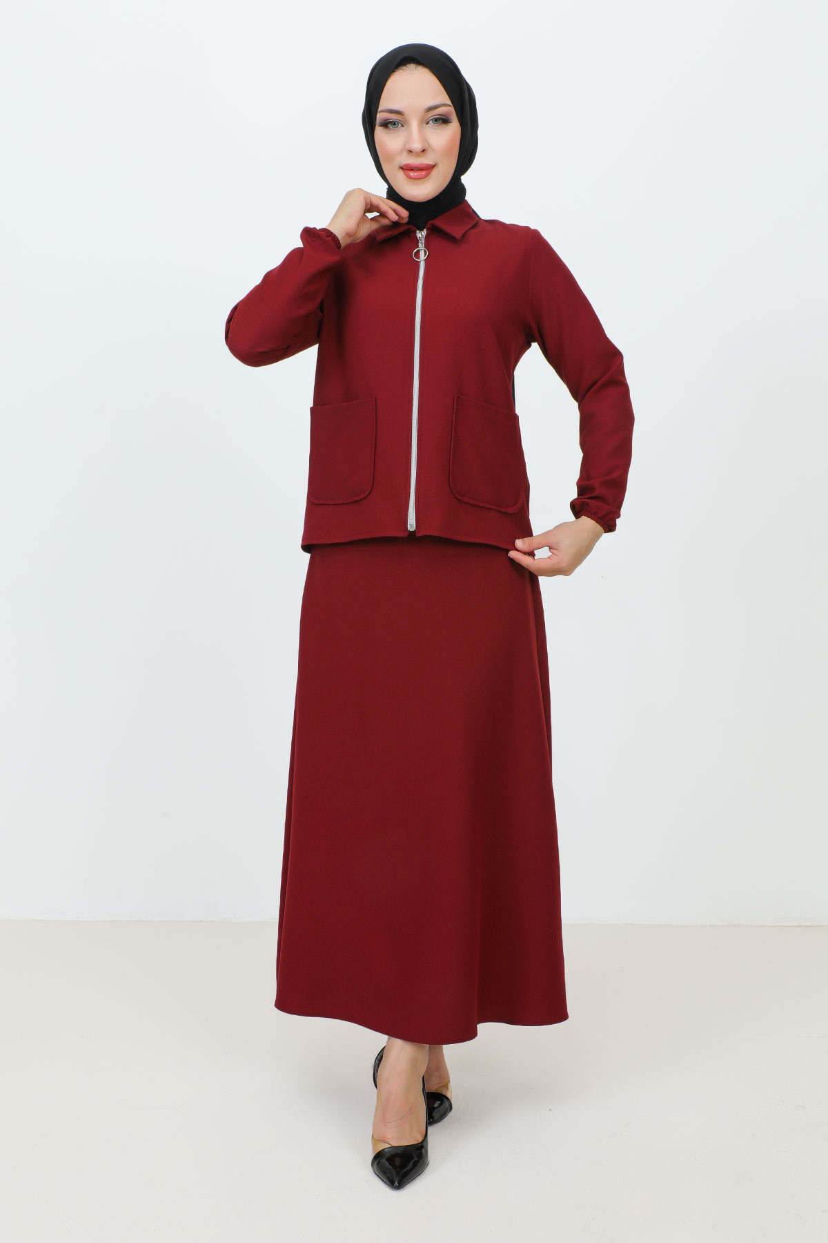 Fermuarlı Cepli Etekli Krep Takım TSD231205 Bordo