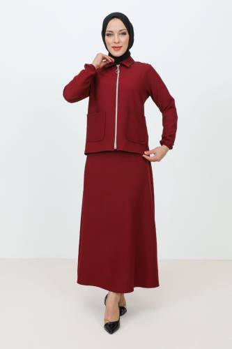 Fermuarlı Cepli Etekli Krep Takım TSD231205 Bordo 