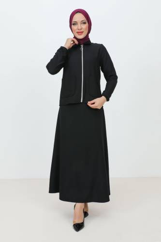 Fermuarlı Cepli Etekli Krep Takım TSD231205 Siyah 