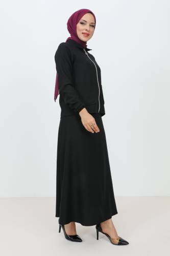 Fermuarlı Cepli Etekli Krep Takım TSD231205 Siyah - 4