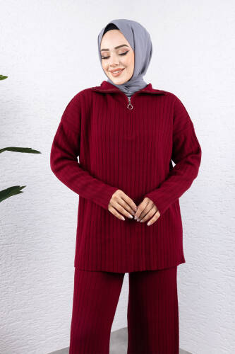 Fermuarlı Triko Takım TSD240950 Bordo - Tesettür Dünyası (1)