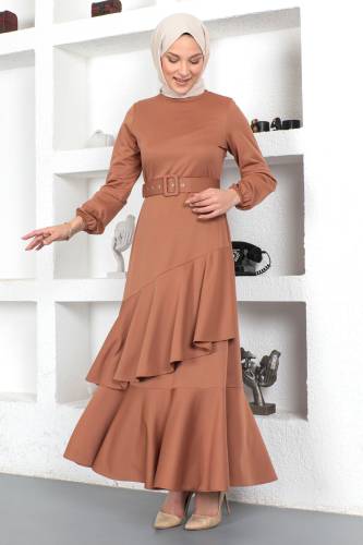 Fırfırlı Elbise TSD230401 Camel - Tesettür Dünyası (1)
