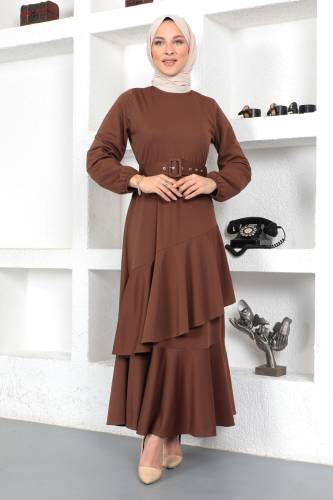 Fırfırlı Elbise TSD230401 Kahverengi 