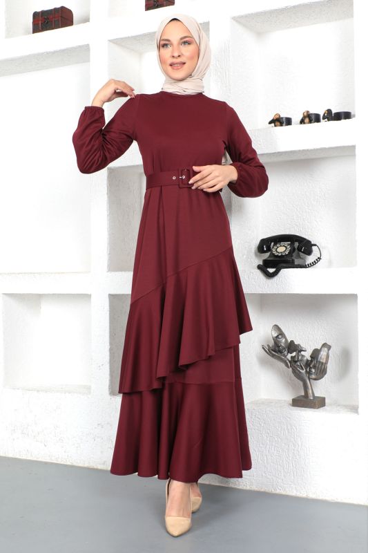 Fırfırlı Elbise TSD230401 Mürdüm - 1