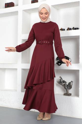 Fırfırlı Elbise TSD230401 Mürdüm - Tesettür Dünyası (1)